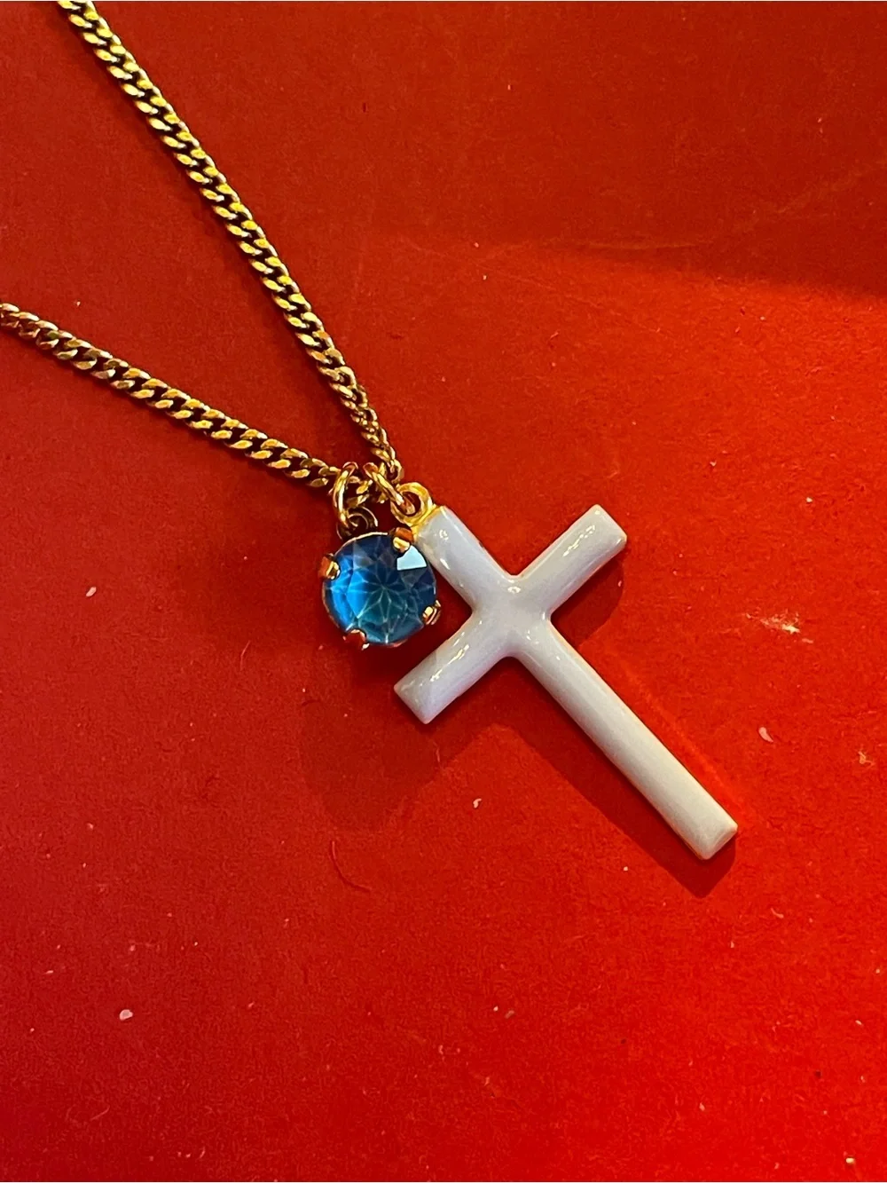 Tova Gold Chain Necklace with light blue  Cross and Blue Gem - Picture 2 of 5